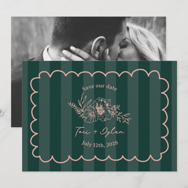 Floral Green Stripe Botanical Save The Date Photo (Front/Back)