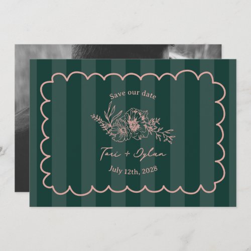 Floral Green Stripe Botanical Save The Date Photo