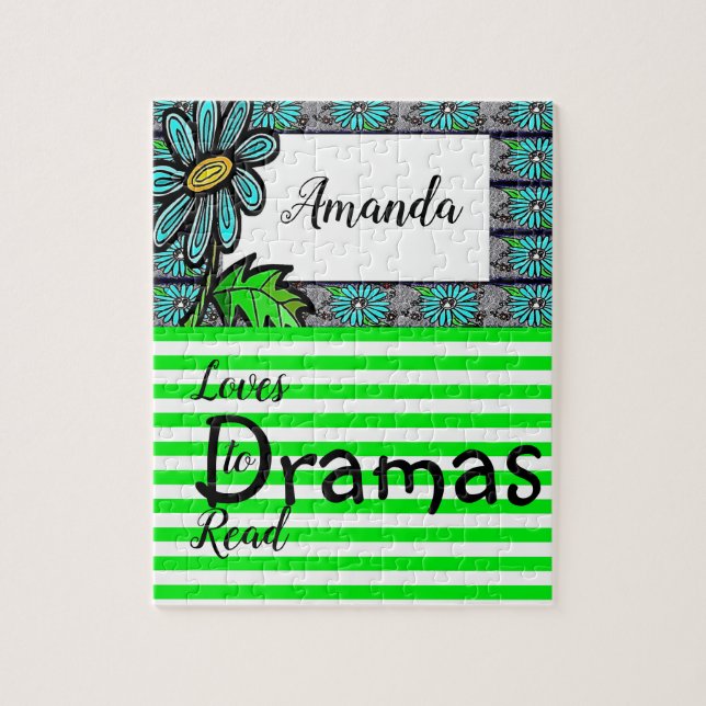 Floral Green Stripe Drama Jigsaw Puzzle Daisy (Vertical)