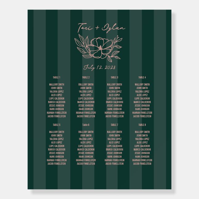 Floral Green Stripe Pink Wedding Seating Chart Foam Board (Front)