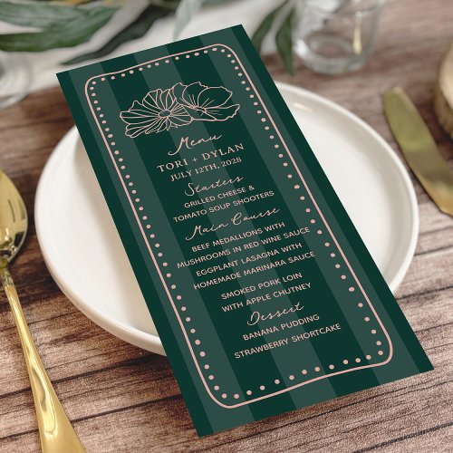 Floral Green Stripe Tropical Wedding Menu