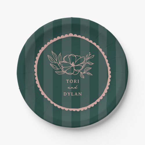 Floral Green Stripe Wedding Paper Plates