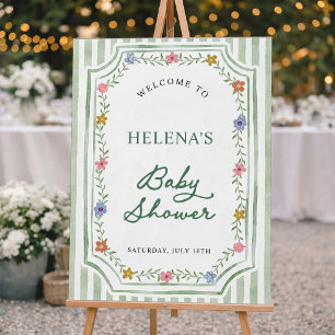 Floral Green Stripes Baby Shower Welcome Sign
