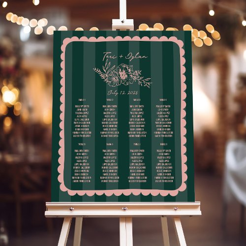 Floral Green Stripes Wedding Seating Chart Foam Board