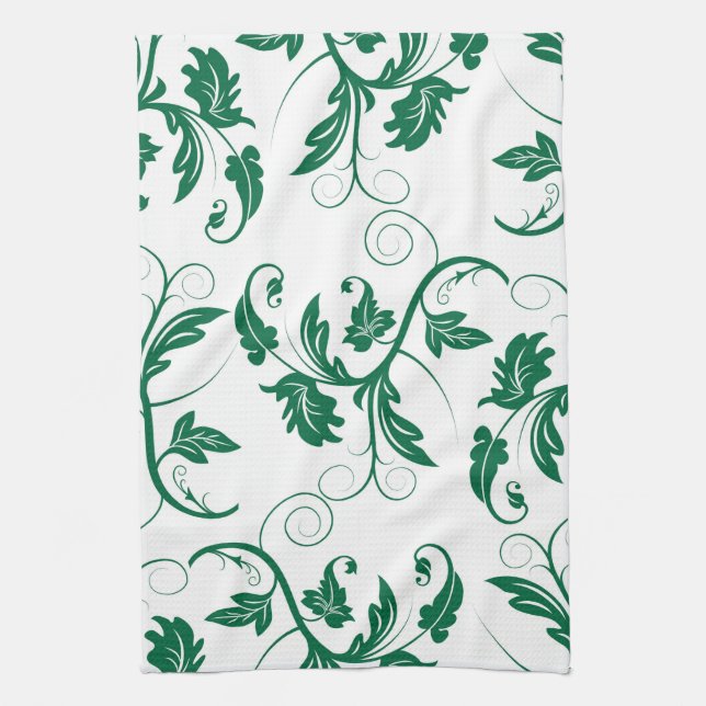 Floral Green Swirl Vine Pattern Towel (Vertical)
