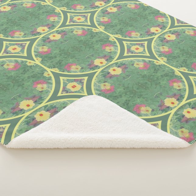 Floral Green Tile Sherpa Blanket (3/4)