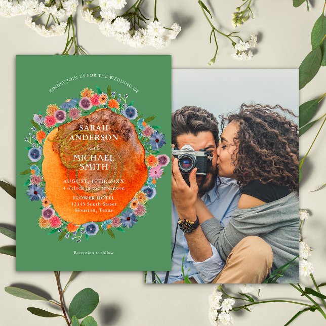 Floral Green Whimsical Wildflower Photo Wedding Invitation (Front/Back)