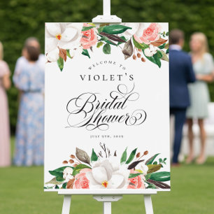 Floral Green White Pink Bridal Shower Welcome Sign