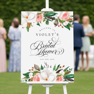 Floral Green White Pink Bridal Shower Welcome Sign