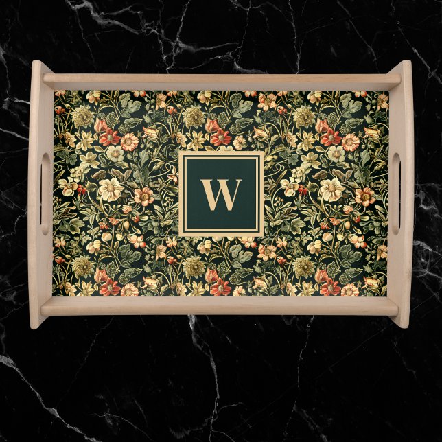 Floral Green William Morris Inspired Monogram Serving Tray (Creator Uploaded)