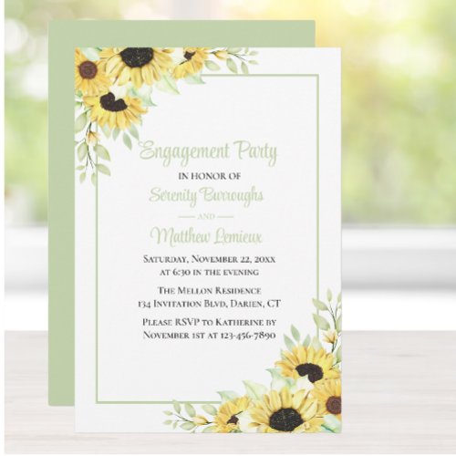 Floral Green Yellow Sunflowers Engagement Party  Invitation