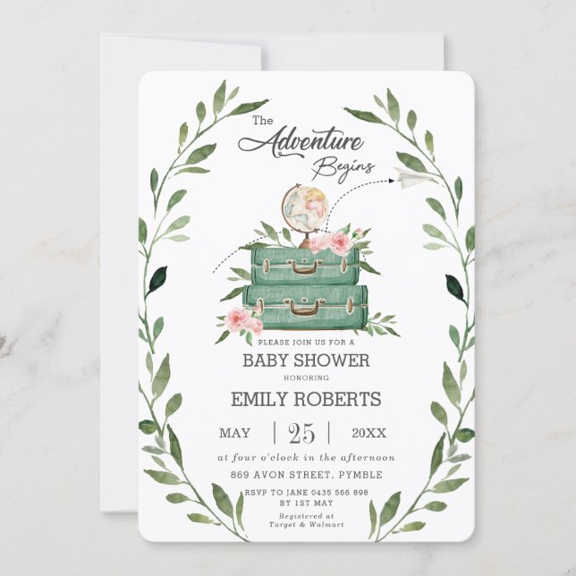 Floral Greenery Adventure Baby Shower Travel Invitation (Front)