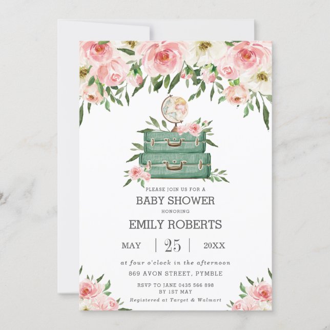 Floral Greenery Adventure Travel Baby Shower Girl Invitation (Front)