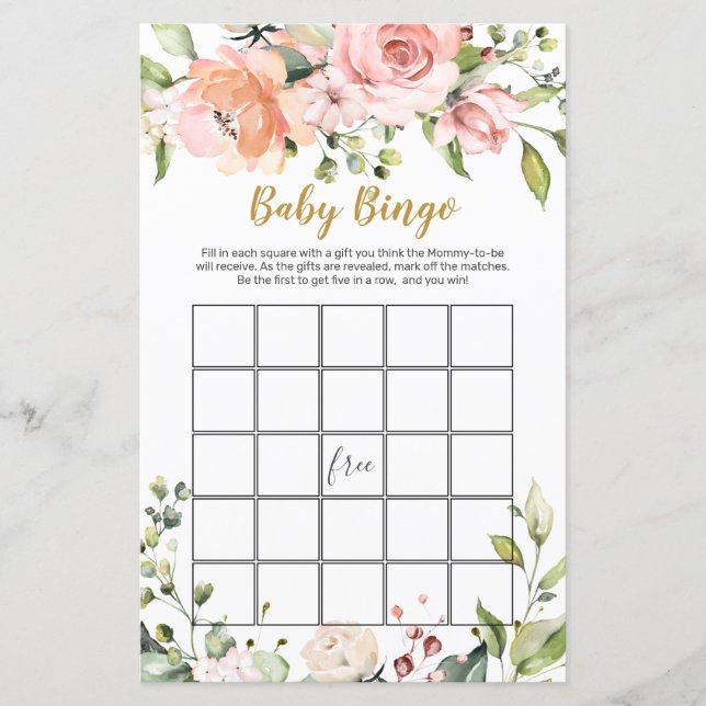 Floral Greenery Baby Shower Bingo Game Paper Sheet (Front)