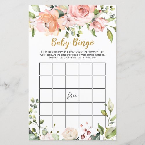 Floral Greenery Baby Shower Bingo Game Paper Sheet
