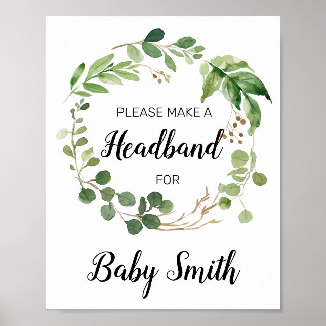 Floral Greenery Baby Shower Headband Station Sign (Front)