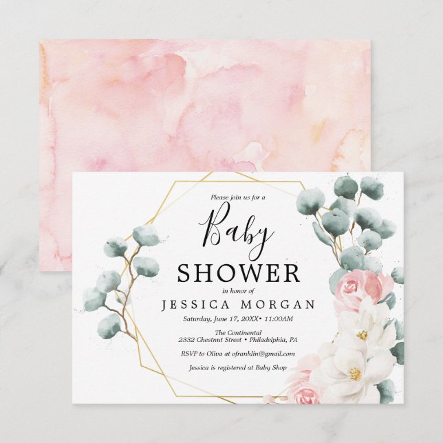 Floral Greenery Baby Shower Invitation Card (Front/Back)