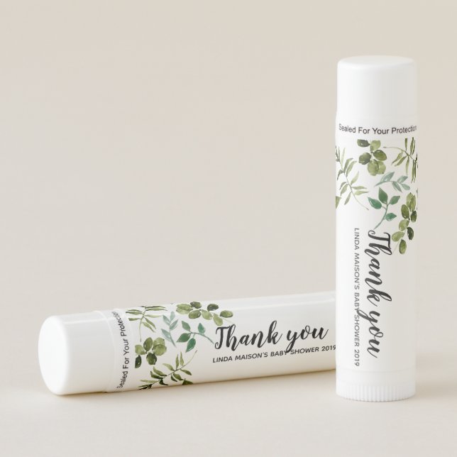 Floral greenery baby shower lip balm favor (Front)