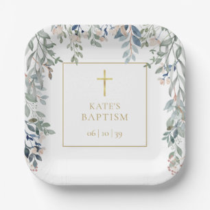 Floral Greenery Baptism Christening Paper Plates