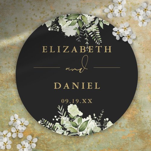 Floral Greenery Black And Gold Wedding Favor Classic Round Sticker