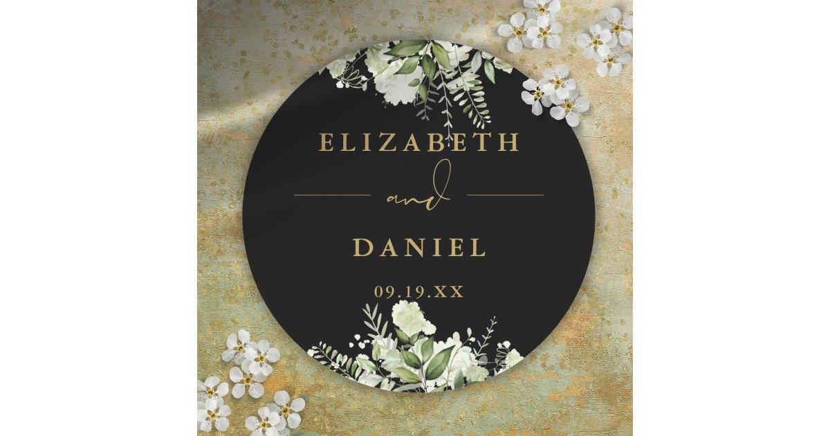 Floral Greenery Black And Gold Wedding Favor Classic Round Sticker | Zazzle