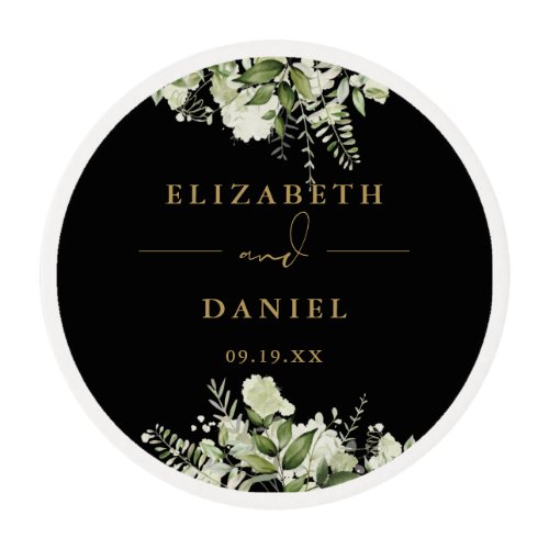 Floral Greenery Black And Gold Wedding Favor Edible Frosting Rounds