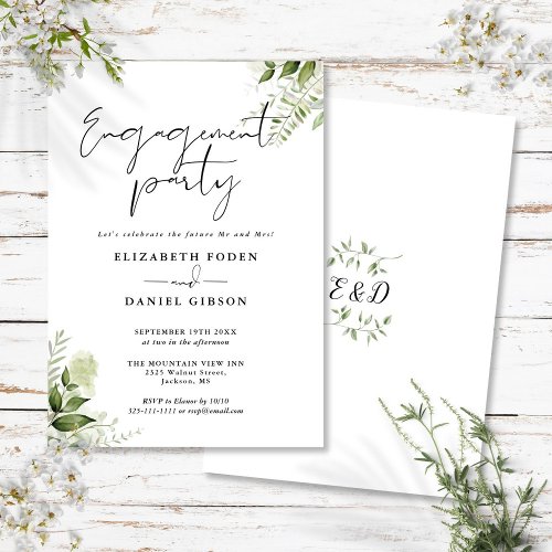 Floral Greenery Black And White Engagement Party Invitation