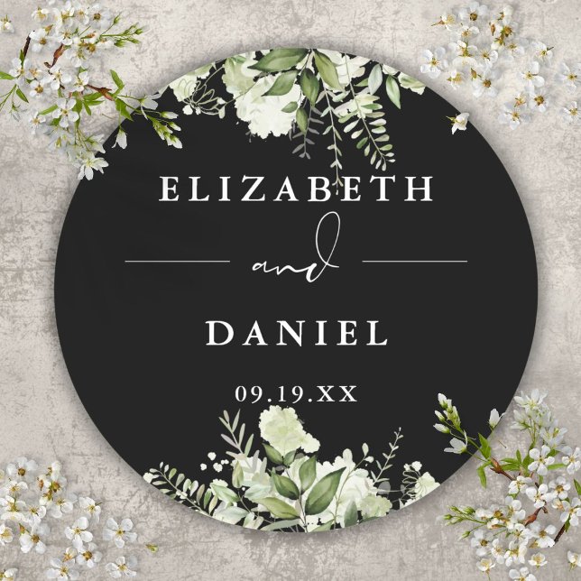 Floral Greenery Black And White Wedding Favor Classic Round Sticker (Floral Greenery Black And White Wedding Favor Classic Round Sticker)