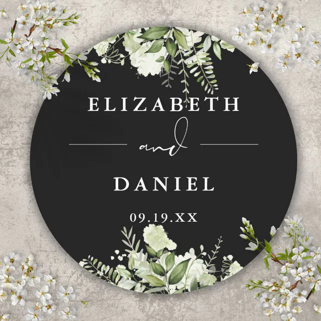 Floral Greenery Black And White Wedding Favor Classic Round Sticker ...
