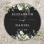 Floral Greenery Black And White Wedding Favor Classic Round Sticker<br><div class="desc">Elegant black and white floral greenery sticker personalized with your names and special date. Designed by Thisisnotme©</div>