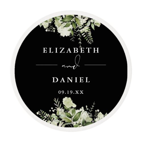 Floral Greenery Black And White Wedding Favor Edible Frosting Rounds