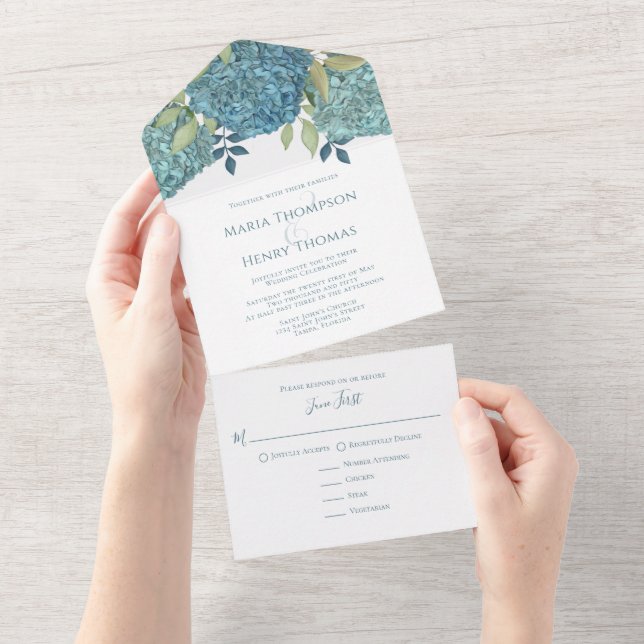 Floral Greenery Blue Hydrangea Flower Foliage  All In One Invitation (Tearaway)