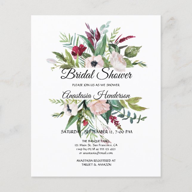 Floral & Greenery/BUDGET/Bridal Shower Invitation. (Front)