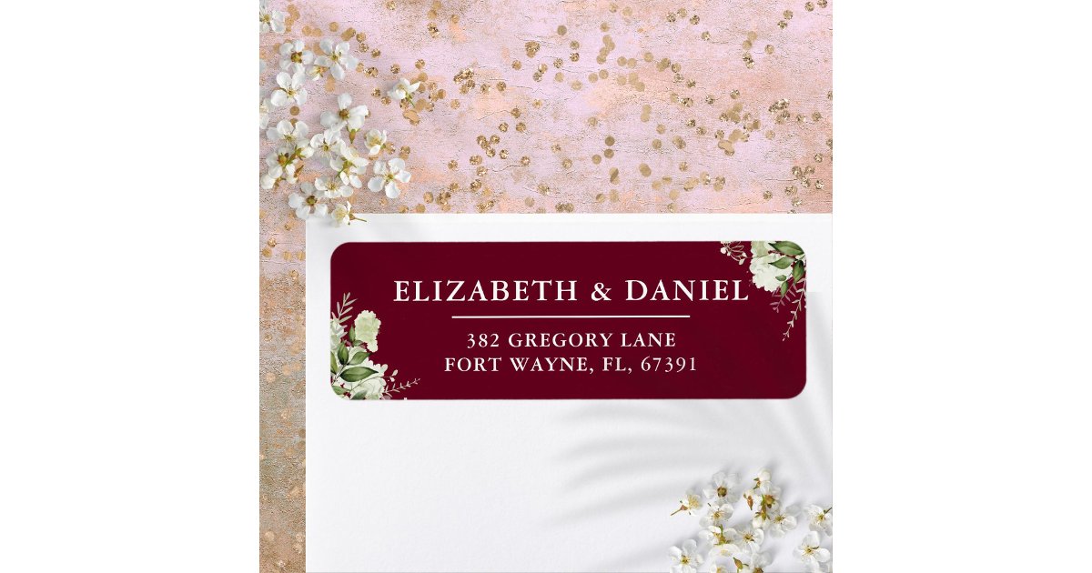 Floral Greenery Burgundy Wedding Return Address Label | Zazzle