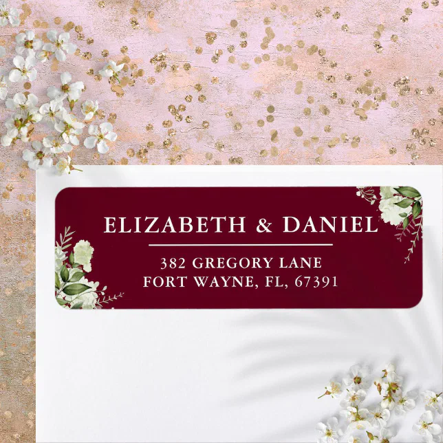 Floral Greenery Burgundy Wedding Return Address Label | Zazzle