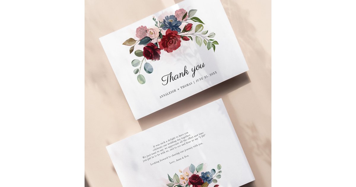 Floral Greenery Burgundy Wedding Thank You Note Card | Zazzle