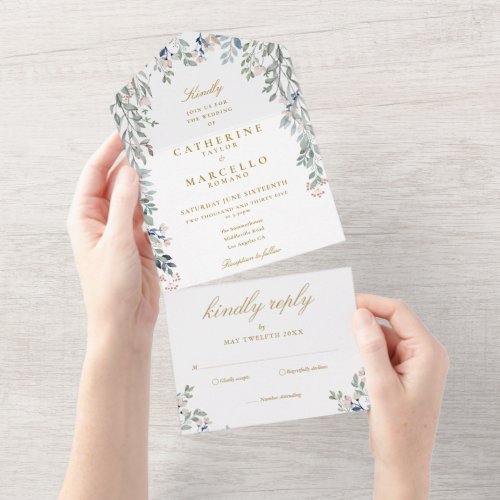 Floral Greenery Cascade Elegant Gold Wedding All In One Invitation