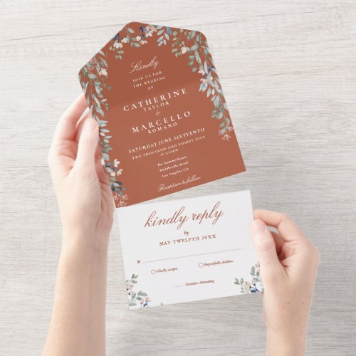 Floral Greenery Cascade Terracotta Wedding All In One Invitation