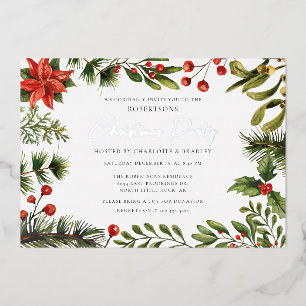 Floral Greenery Christmas Party Silver Foil Invitation