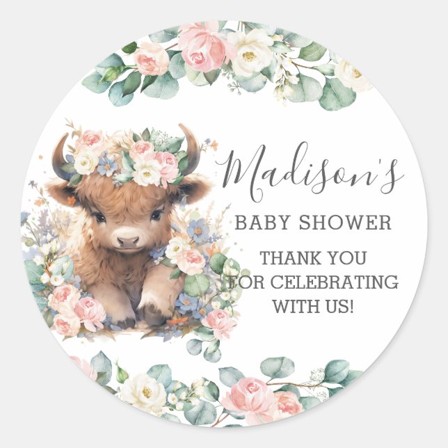 Floral Greenery Cute Highland Cow Thank You Favor Classic Round Sticker (Front)