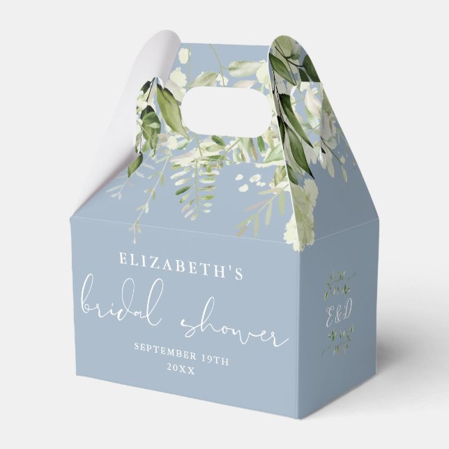 Floral Greenery Dusty Blue Bridal Shower Favor Boxes (Front Side)