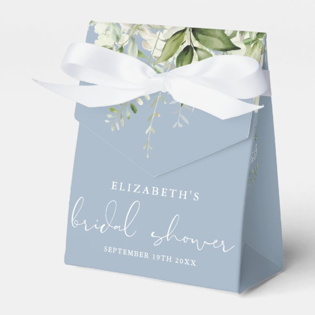 Floral Greenery Dusty Blue Bridal Shower Favor Boxes (Front Side)