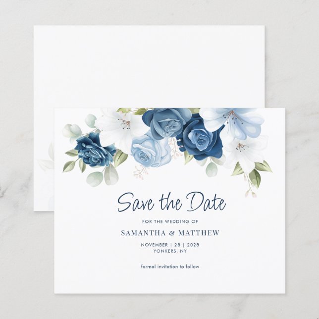 Floral Greenery Dusty Blue Save the Date (Front/Back)
