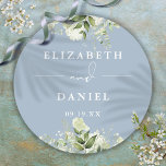 Floral Greenery Dusty Blue Wedding Favor Classic Round Sticker<br><div class="desc">Elegant dusty blue floral greenery sticker personalized with your names and special date. Designed by Thisisnotme©</div>