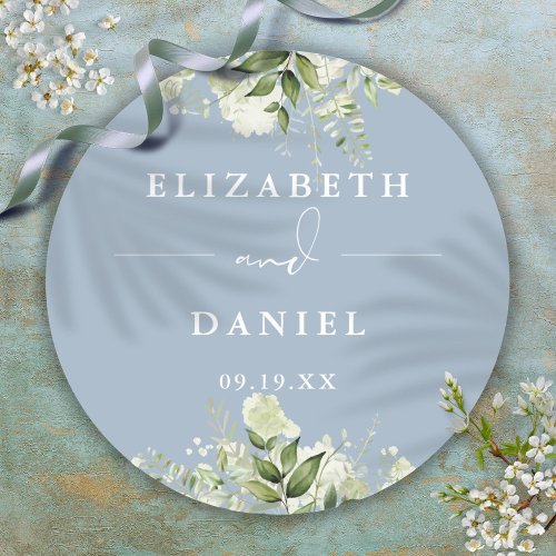 Floral Greenery Dusty Blue Wedding Favor Classic Round Sticker