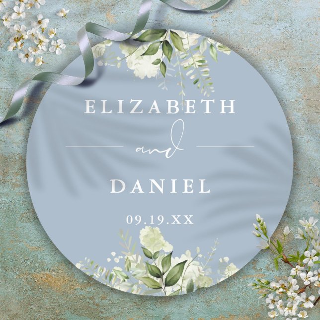 Floral Greenery Dusty Blue Wedding Favor Classic Round Sticker (Floral Greenery Dusty Blue Wedding Favor Classic Round Sticker)