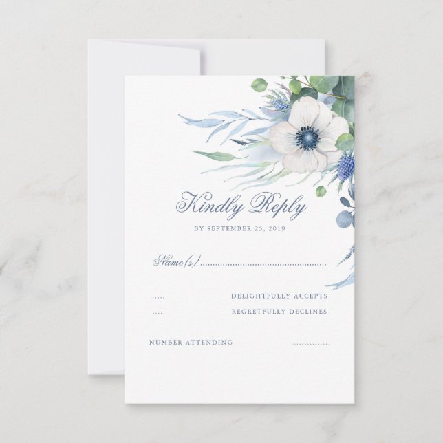 Floral Greenery Dusty Blue Wedding RSVP Card (Front)