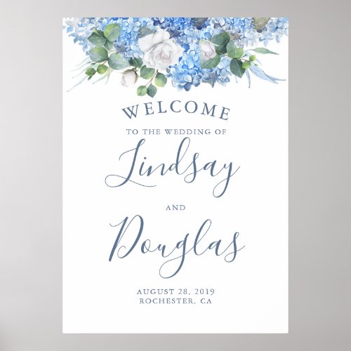 Floral Greenery Dusty Blue Wedding Welcome Sign