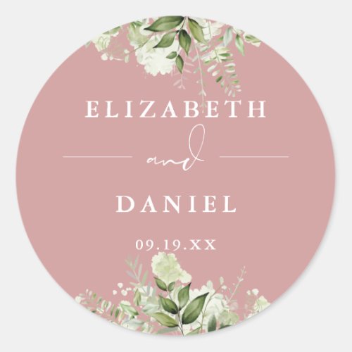 Floral Greenery Dusty Rose Wedding Favor Classic Round Sticker