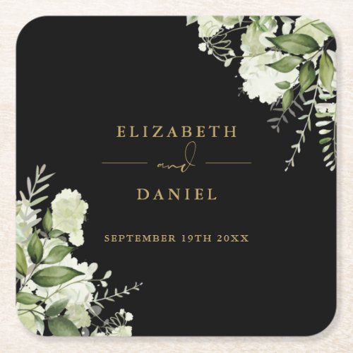 Floral Greenery Elegant Black And Gold Wedding Square Paper Coaster